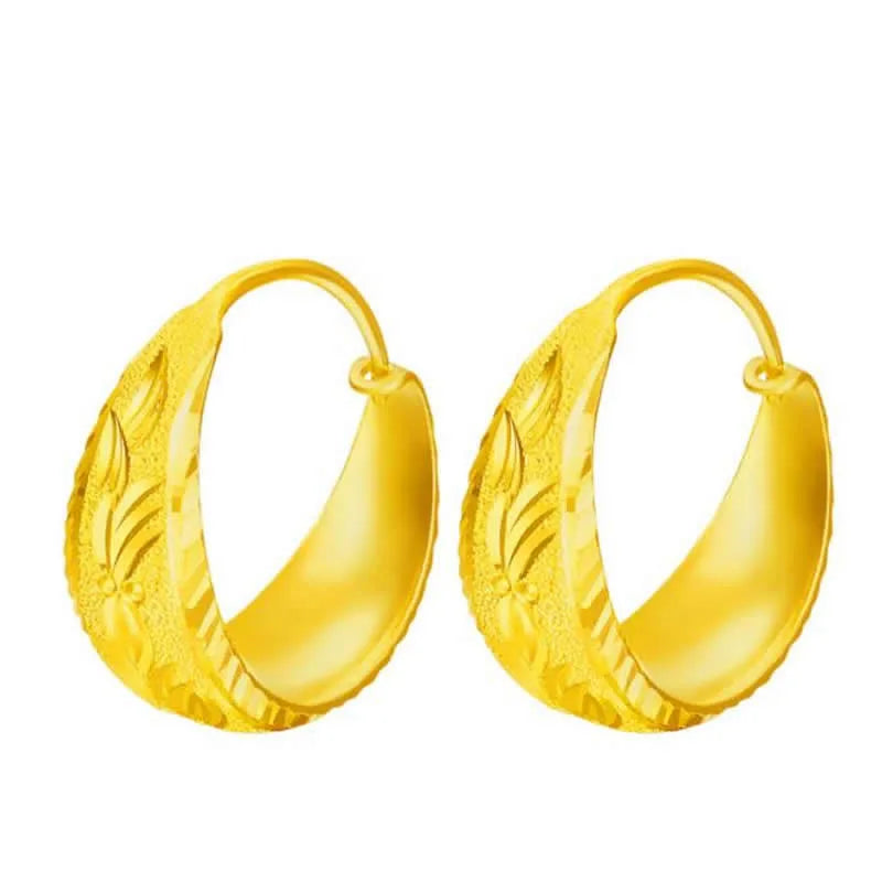 Pure 24K Yellow Gold Women Leaf Hoop Earrings