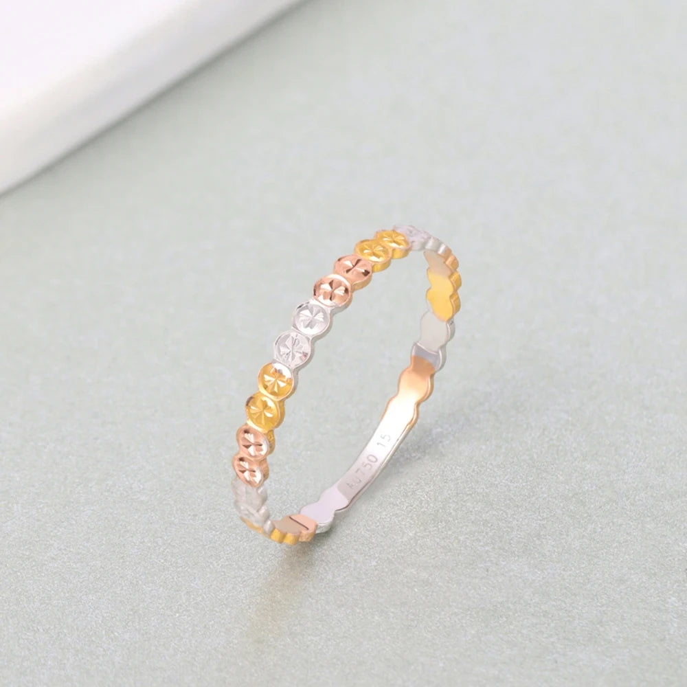 Au750 Real Pure 18K Multi-Tone Gold Band Shiny Round Carved Full Star Ring Women Lucky Gift 1-1.1g