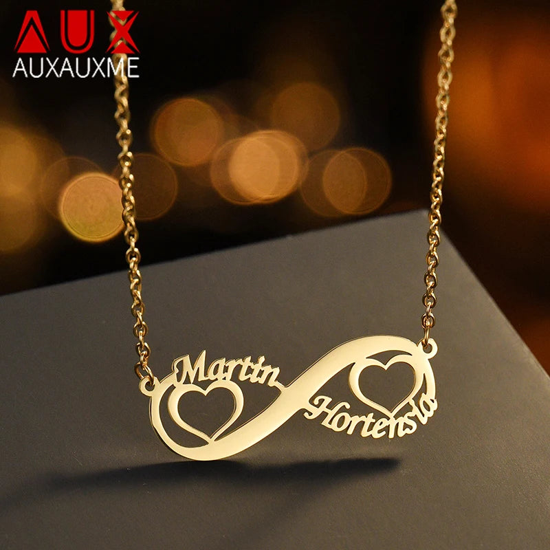 Auxauxme Colliers Personnalisés avec Nom pour Femmes en Acier Inoxydable Pendentif Coeur Infini Personnalisé Couple Ami Bijoux Cadeaux