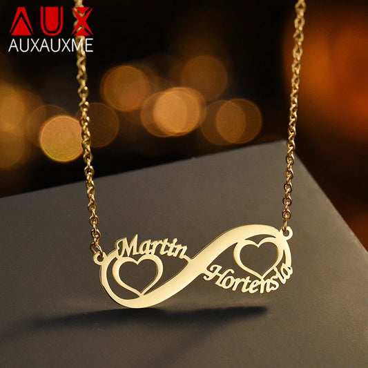 Auxauxme Colliers Personnalisés avec Nom pour Femmes en Acier Inoxydable Pendentif Coeur Infini Personnalisé Couple Ami Bijoux Cadeaux