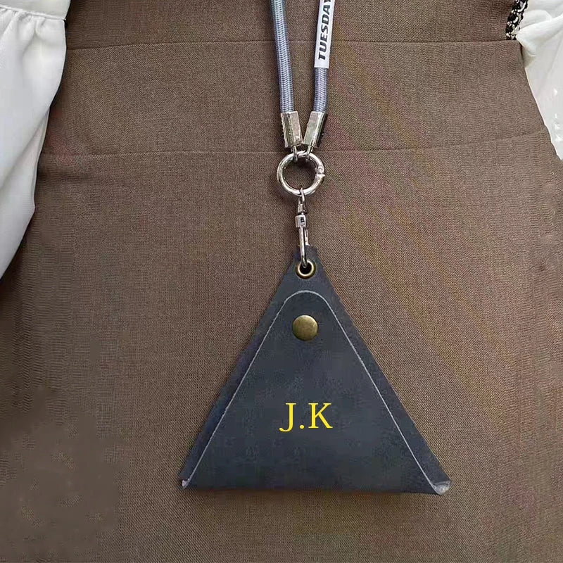 Creative Custom Name Mini Coin Purse Engrave Initials Leather Portable Key Ring Key Wallet Fashion Triangle Earphone Storage Bag