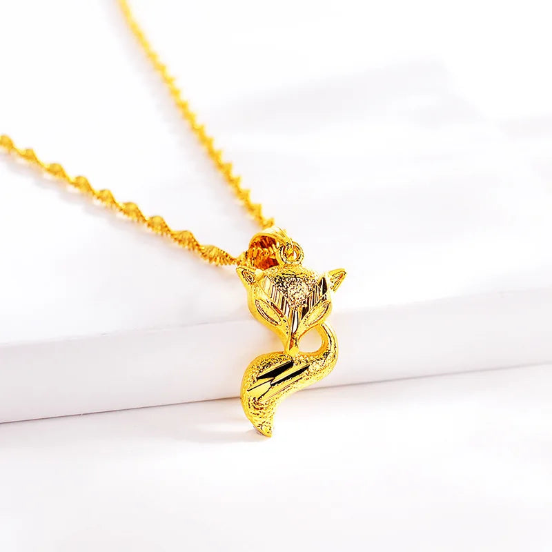 New AU999 gold necklace ladies little fox pendant 24K pure gold female clavicle chain real gold pendant for girlfriend gift
