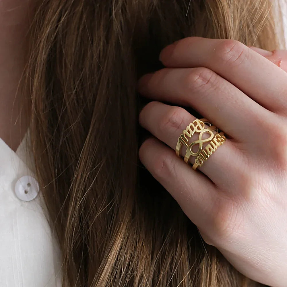 Bague personnalisée avec symbole de l'infini et double nom pour femme, anneau personnalisé en acier inoxydable, cadeau d'anniversaire de mariage
