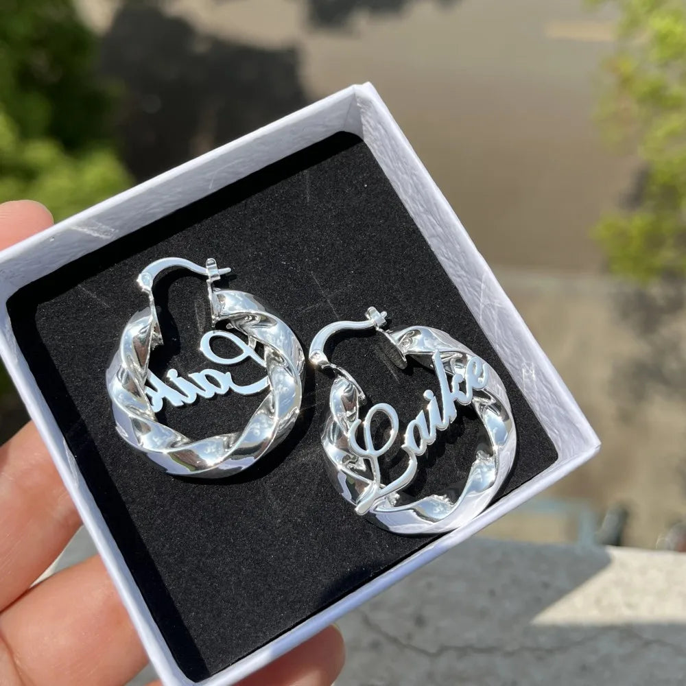 Custom Nameplate Earrings Hoop Personalized Letter 30mm Twist Earring Stainless Steel Jewelry Gift for Baby Girls