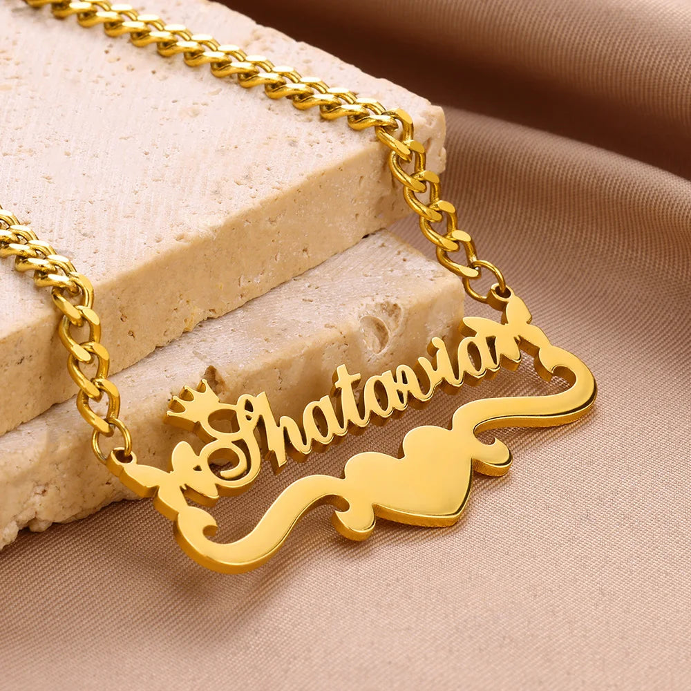 Custom Butterfly Name Necklace With Heart Ribbon Stainless Steel Crown Nameplate Pendant Necklace Women Best Gifts Jewelry