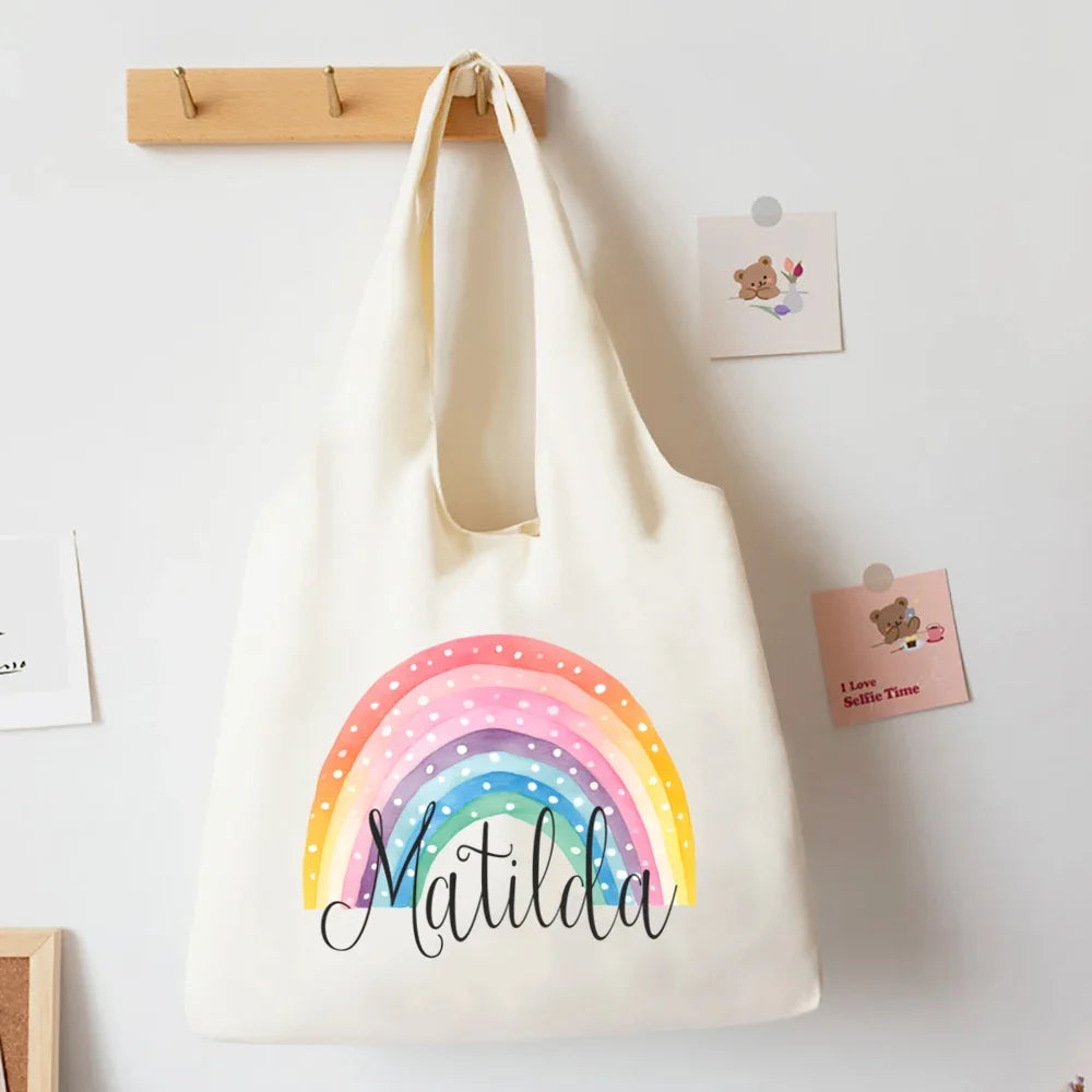 Personalised Rainbow with Name Shouder Bag Custom Canvas Bags Harajuku Handbag Women ShoppingTote Travel Bag Best Gifts for Her