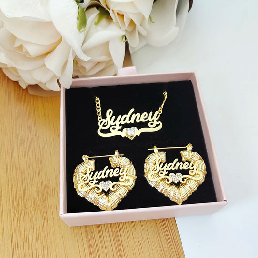 2023 Custom Name Jewelry Sets Stainless Steel Heart Bamboo Earrings and Zircon Necklace with Letters Women Children's Gifts