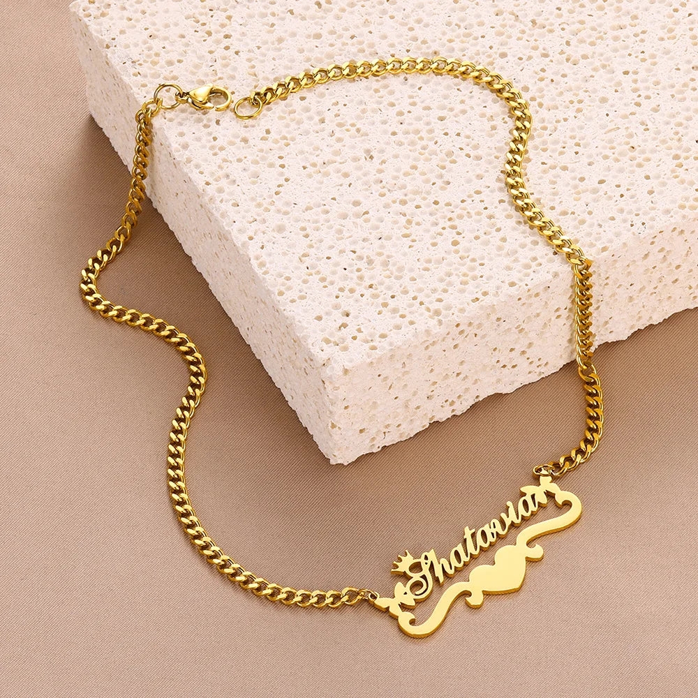 Custom Butterfly Name Necklace With Heart Ribbon Stainless Steel Crown Nameplate Pendant Necklace Women Best Gifts Jewelry