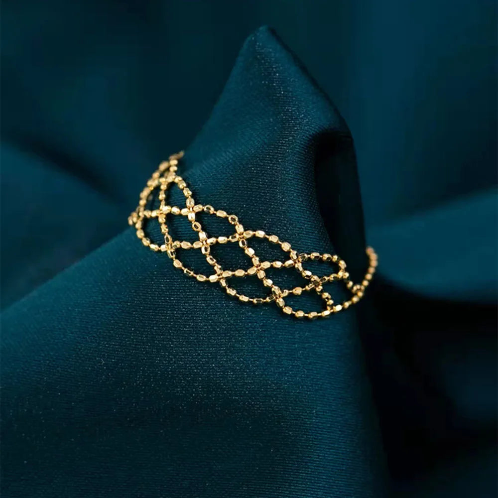 Au750 18K Yellow Gold Jewelry Real 18K Yellow Gold Ring For Women Woven Mesh Beaded Ring US 4-8