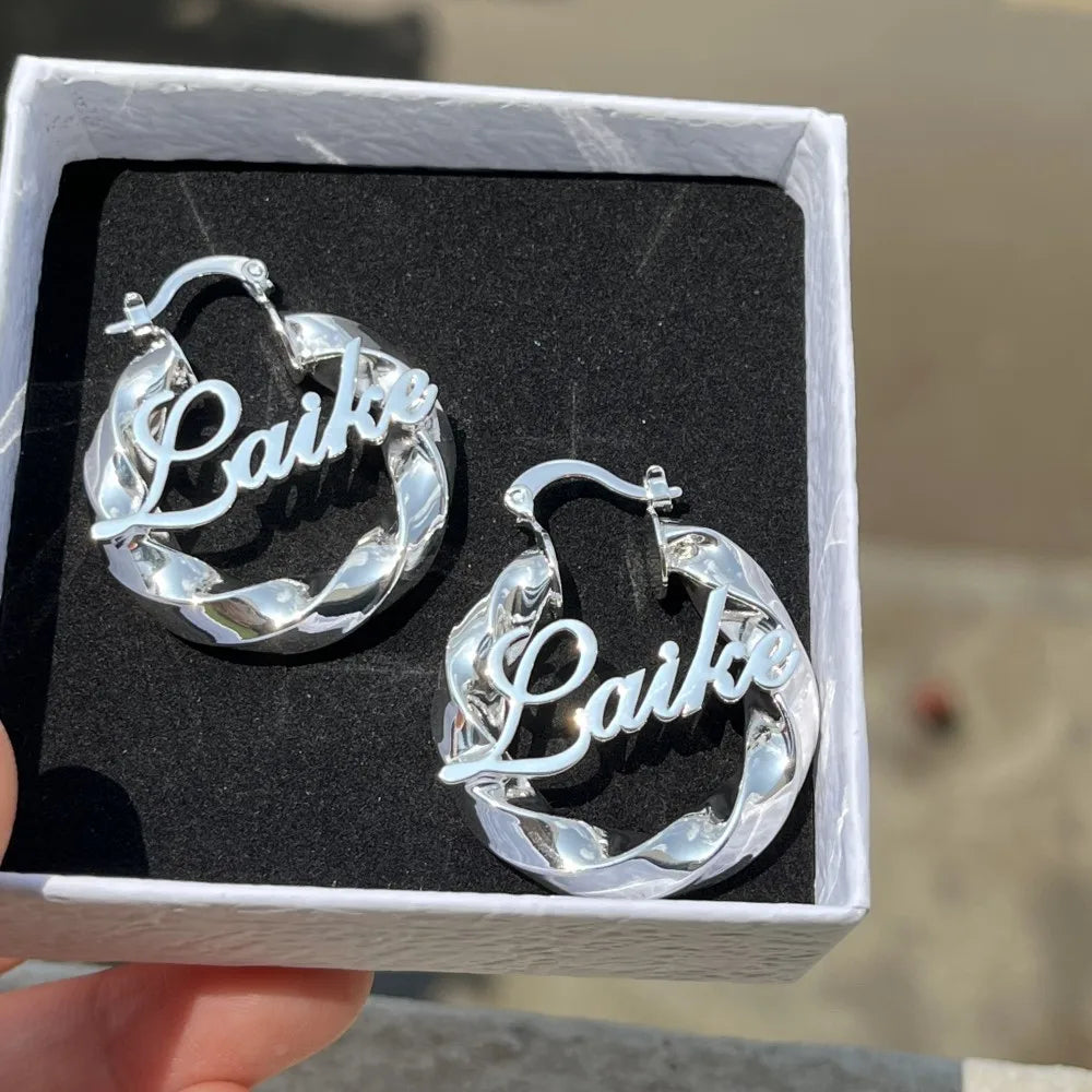 Custom Nameplate Earrings Hoop Personalized Letter 30mm Twist Earring Stainless Steel Jewelry Gift for Baby Girls