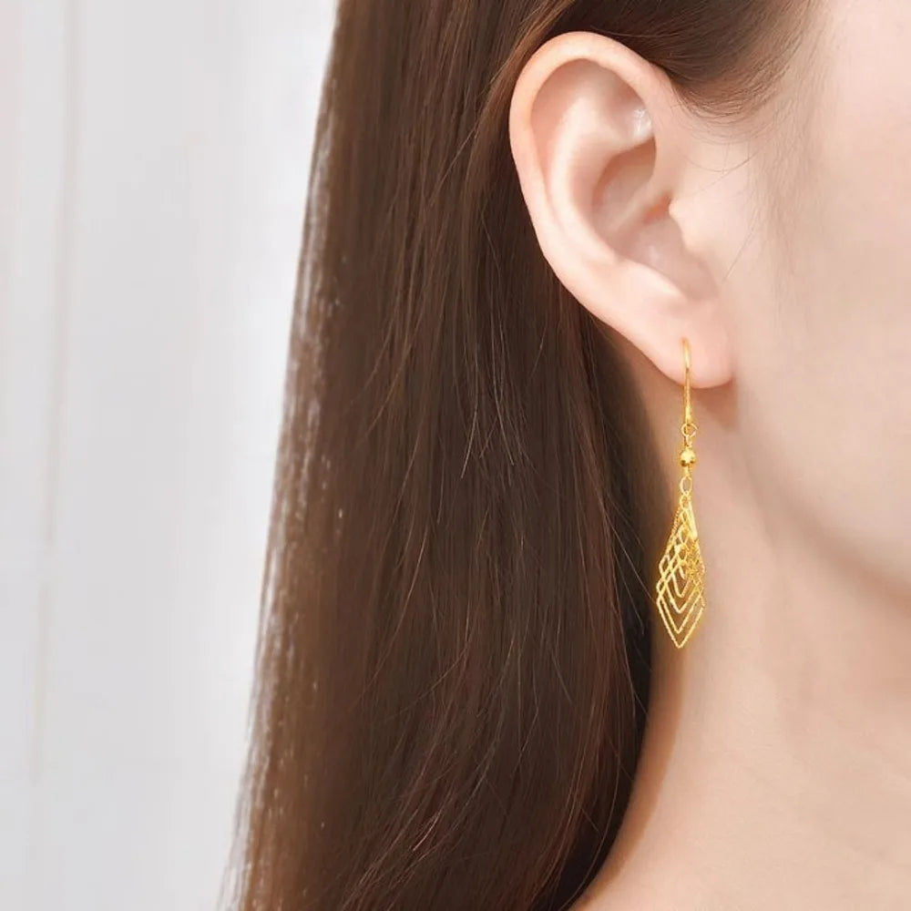 Real Pure 999 24k Yellow Gold Dangle Women Lucky Bead Hollow Rhombus Tassel Earrings 2.1g