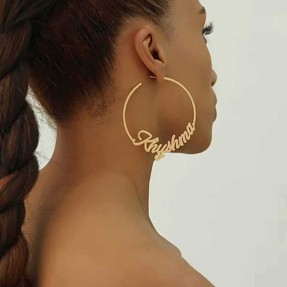 Custom Personalise Name Earring for Women Stainless Steel Type C Perforation Earring 70mm Big Hoops Earrings A Pair Jewelry Gift