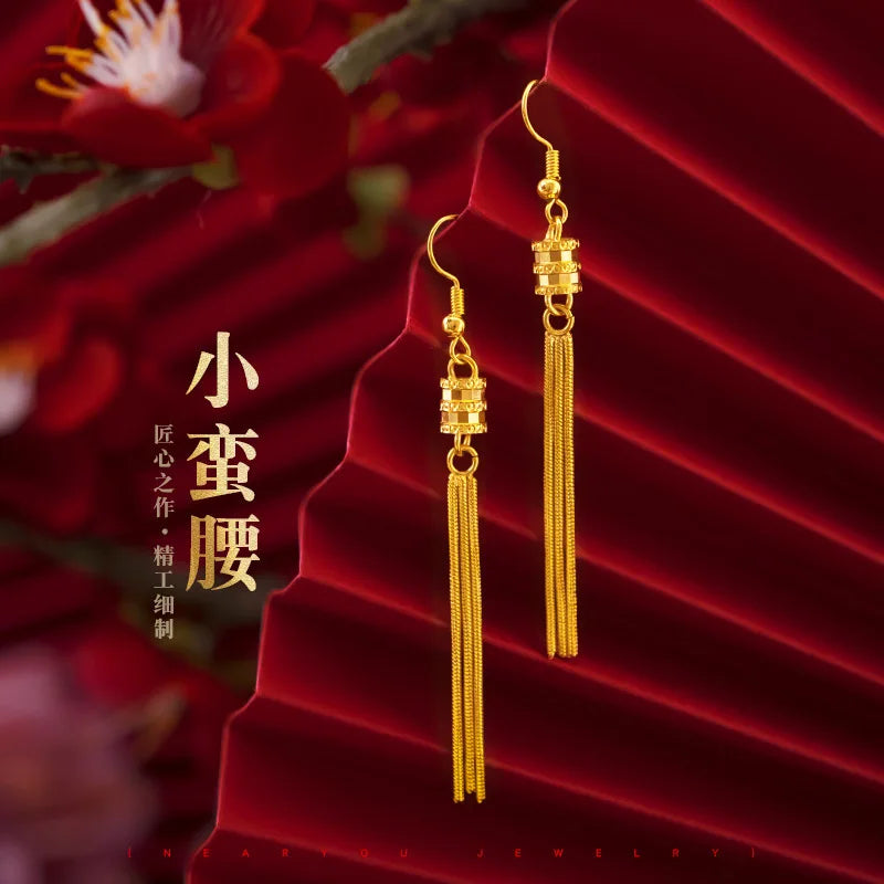 High quality womens gold 999 earrings small waist tassel 24k four-leaf clover gemstone earrings AU750 fashion trend pure gold