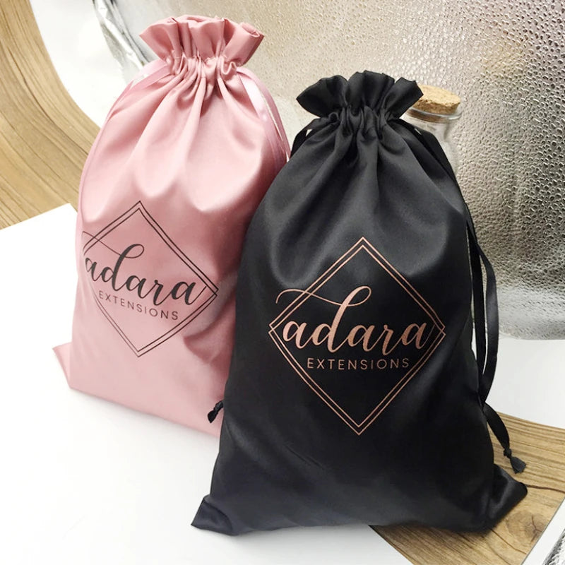 Custom Logo Satin Drawstring Bag Makeup Shoes Clothes Virgin Hair Extensions Wigs Packaging Bags Storage Christmas Wedding Candy