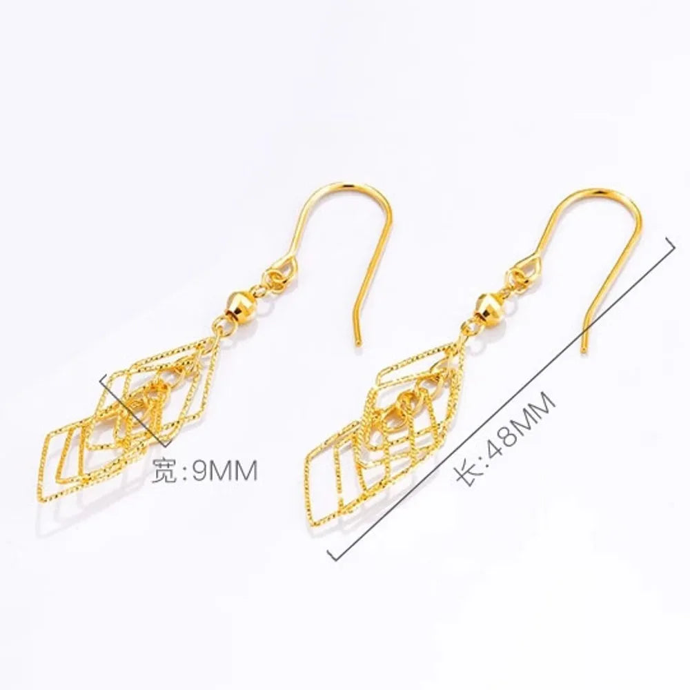 Real Pure 999 24k Yellow Gold Dangle Women Lucky Bead Hollow Rhombus Tassel Earrings 2.1g