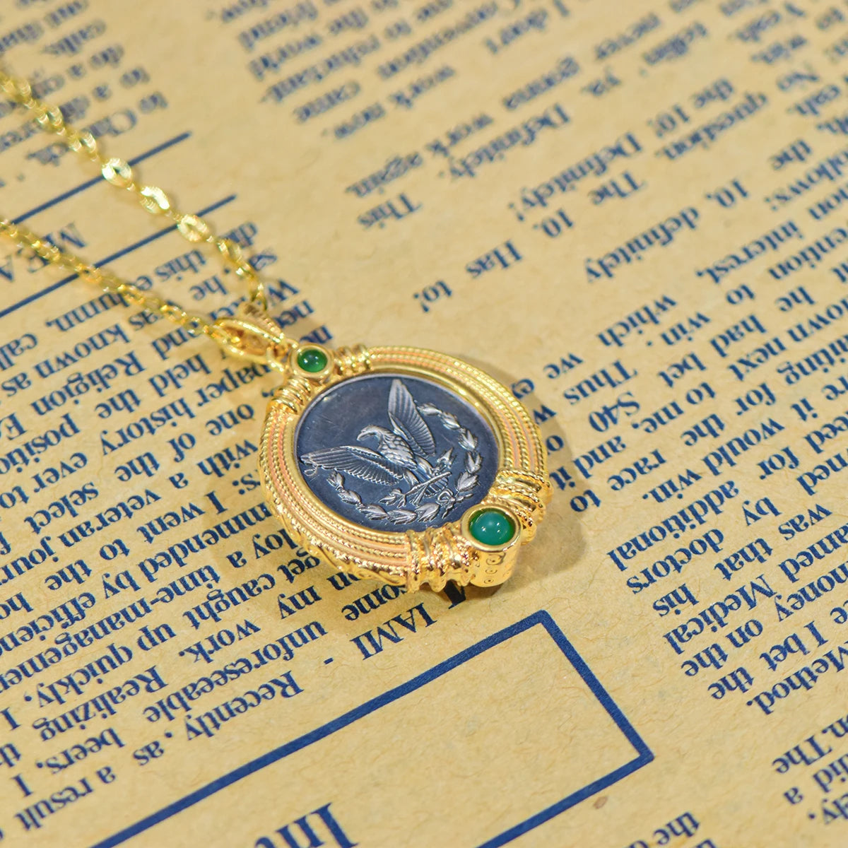 18K Gold Necklace Ancient Coin Pendant Round Lion Head & Bird AU750 Yellow Gold Pendant Women's Fine Jewelry