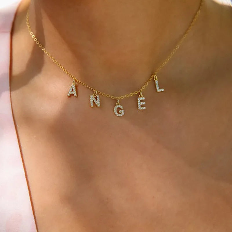 Personalized DIY Name Necklace for Women Gift Zircon Alpahbet Pendant Stainless Steel Custom Initial Collar Statement Charms