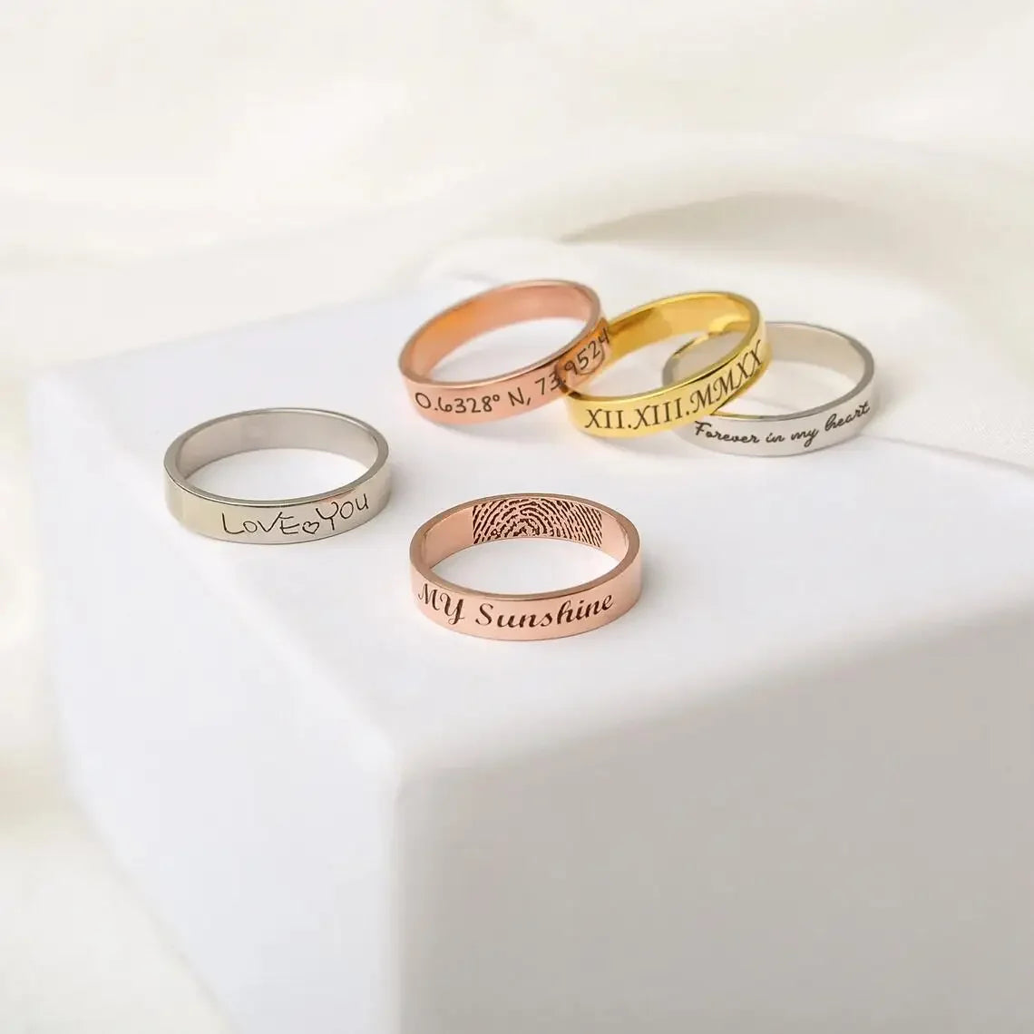 Bague personnalisée avec mot à l'intérieur et à l'extérieur, gravure délicate, nom personnalisé, bague empilable, unisexe, promesse d'éternité, cadeaux commémoratifs d'anniversaire