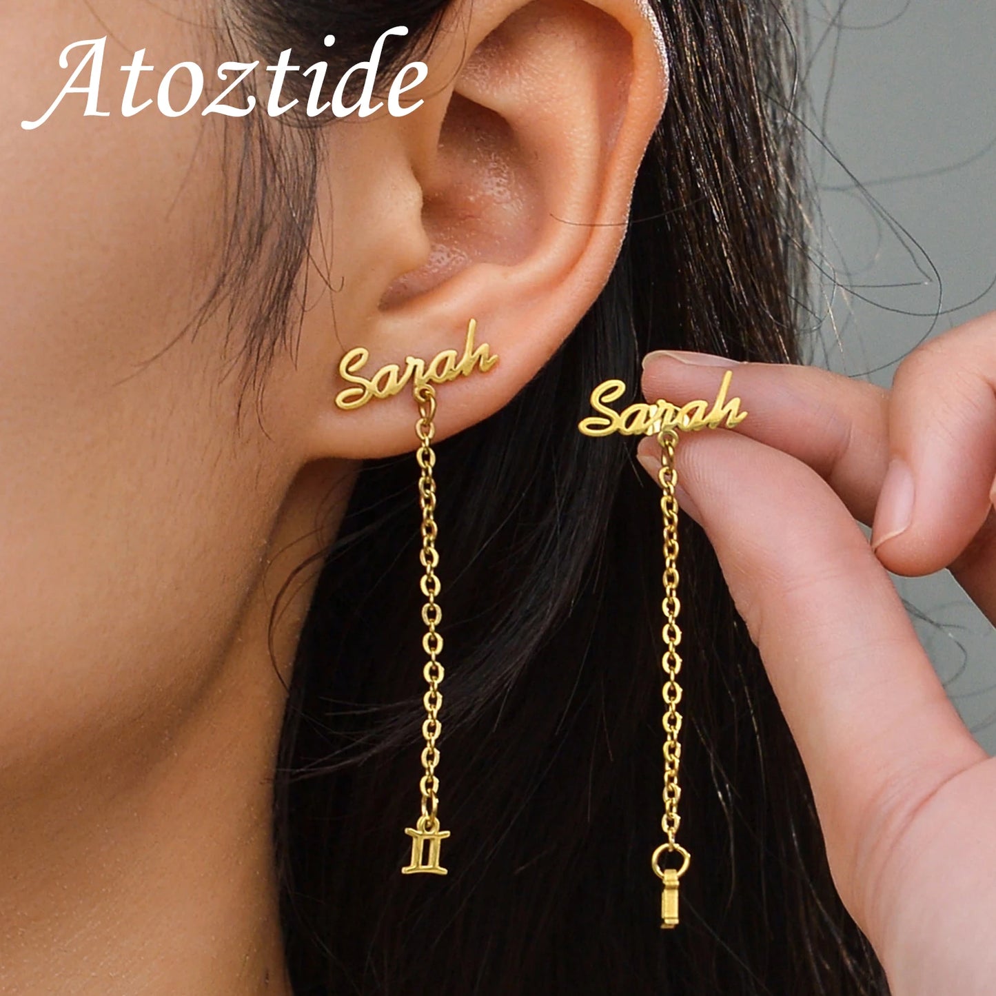Personalized Custom Name Stud Earrings for Women Stainless Steel With Chain Constellation Heart Letter Jewelry Gift