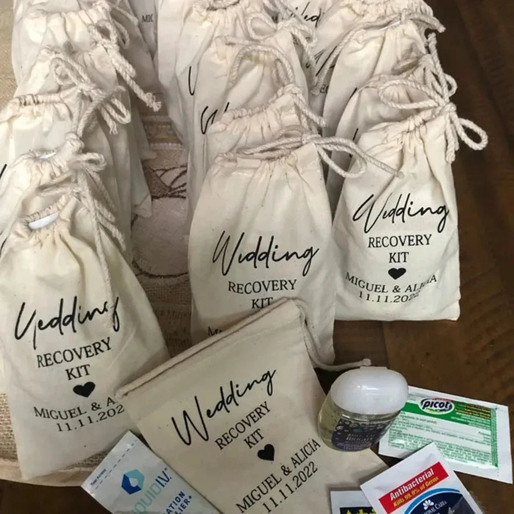 25pcs Custom Wedding bags, Guest Favor Bags, Personalized Hangover Kit, Canvas Bags, Wedding Recovery Kit, Wedding Survival Kit