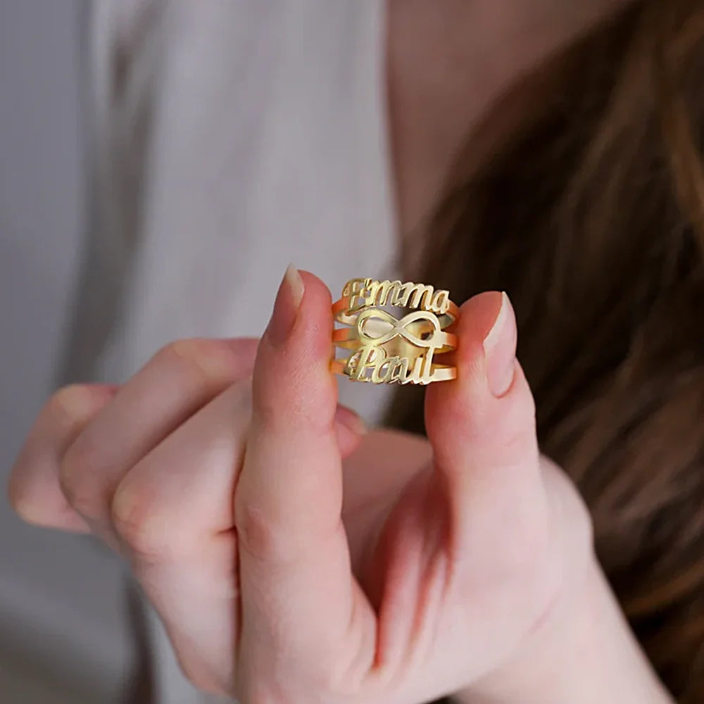 Bague personnalisée avec symbole de l'infini et double nom pour femme, anneau personnalisé en acier inoxydable, cadeau d'anniversaire de mariage