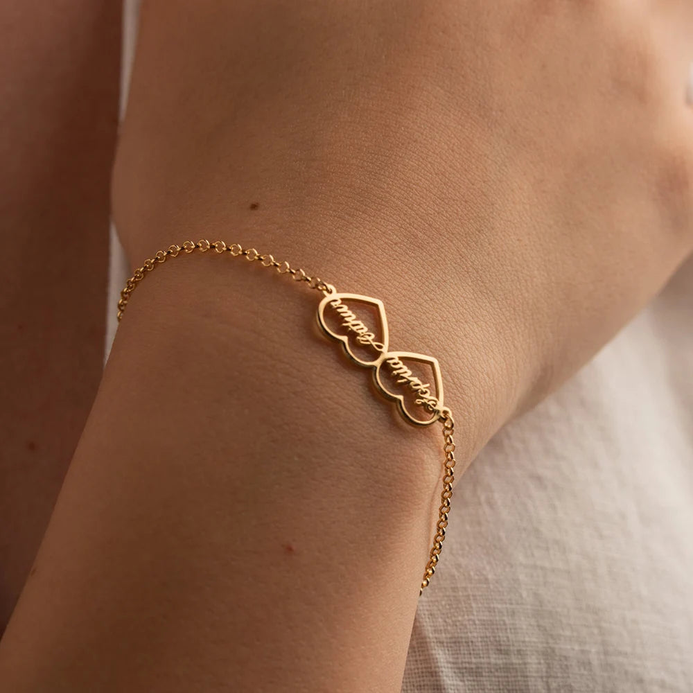 Customized  Double Name  Heart Bracelet Handmade Jewelry Stainless Steel Nameplate Bracelets Femme Personalized Gifts for Women