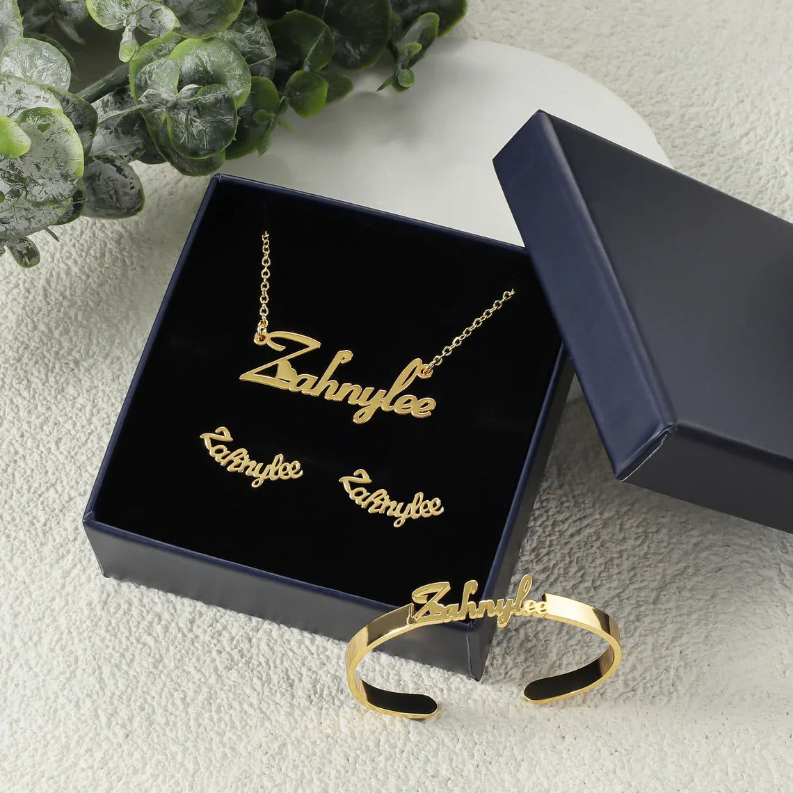 Custom Name Jewelry Set Stainless Steel Name Necklace Bracelet Earrings Bangles Rings Women Accessories Set