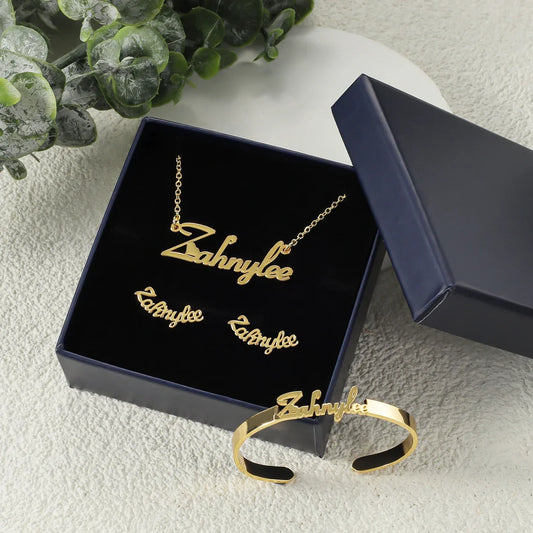 Custom Name Jewelry Set Stainless Steel Name Necklace Bracelet Earrings Bangles Rings Women Accessories Set