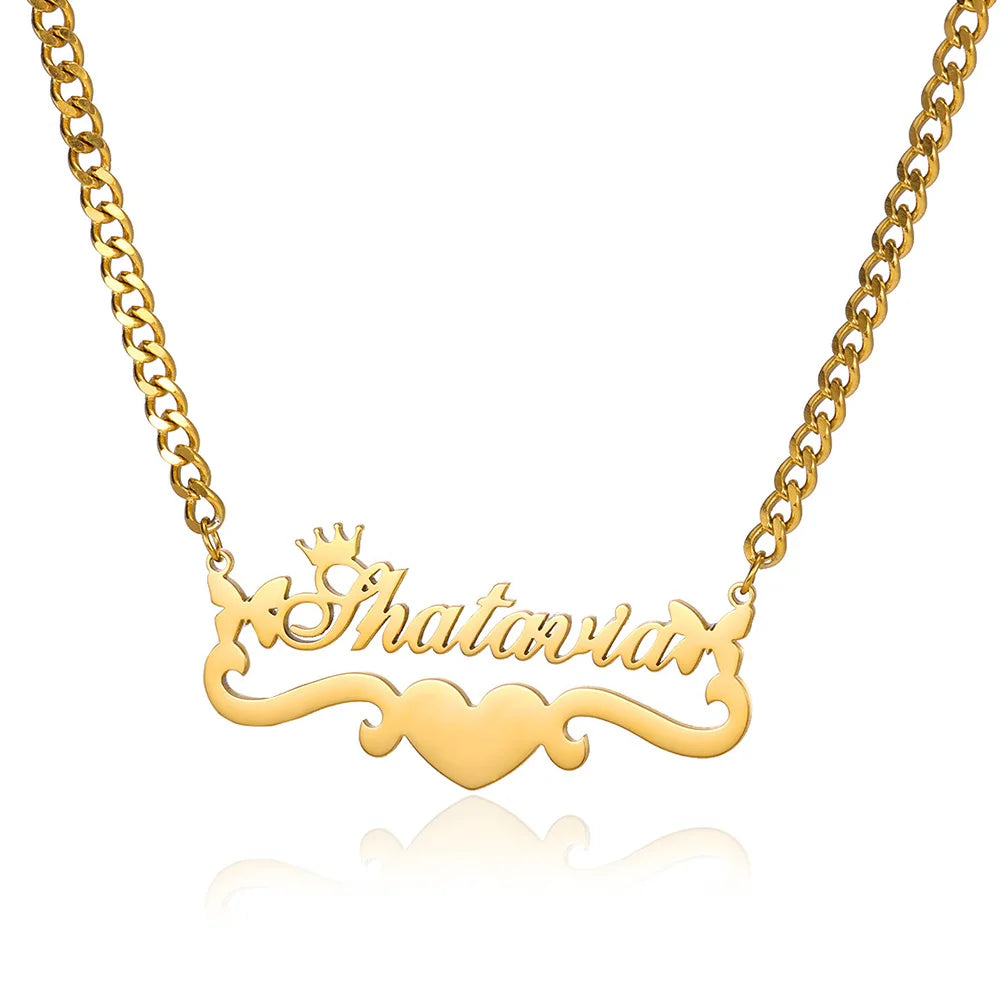 Custom Butterfly Name Necklace With Heart Ribbon Stainless Steel Crown Nameplate Pendant Necklace Women Best Gifts Jewelry