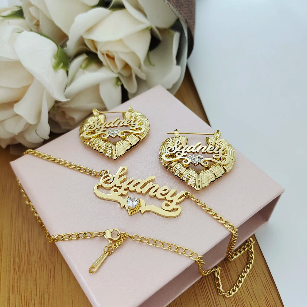 2023 Custom Name Jewelry Sets Stainless Steel Heart Bamboo Earrings and Zircon Necklace with Letters Women Children's Gifts