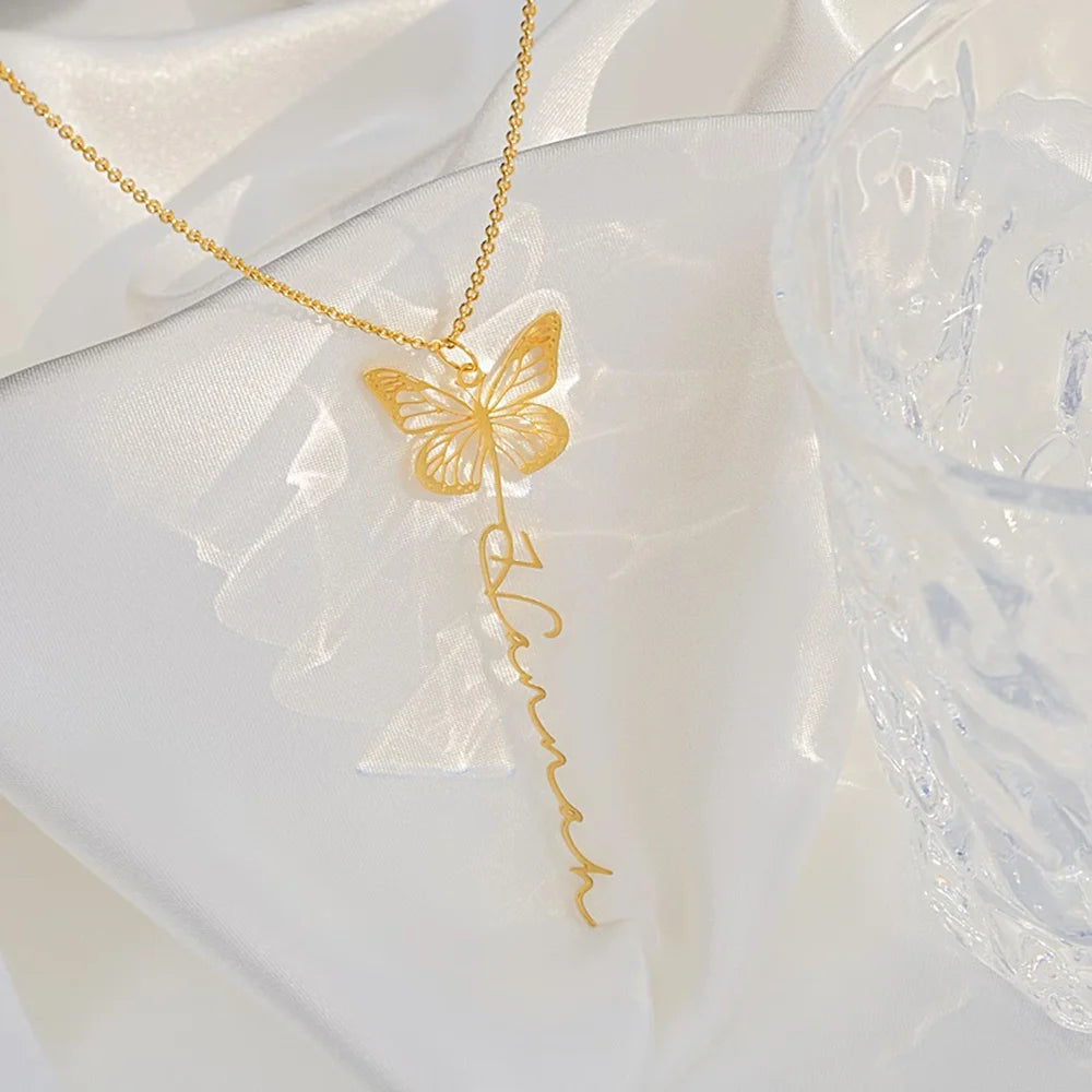 Custom Butterfly with Name Stainless Steel Necklace Personality Vertical Pendant Women Necklace Jewelry Fine Gift for Girlfriend