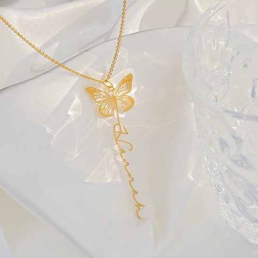 Custom Butterfly with Name Stainless Steel Necklace Personality Vertical Pendant Women Necklace Jewelry Fine Gift for Girlfriend