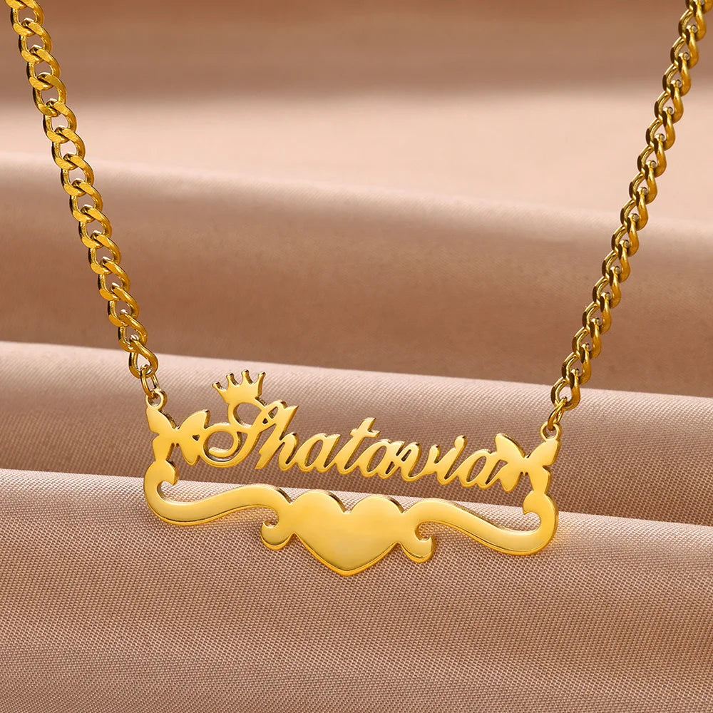 Custom Butterfly Name Necklace With Heart Ribbon Stainless Steel Crown Nameplate Pendant Necklace Women Best Gifts Jewelry