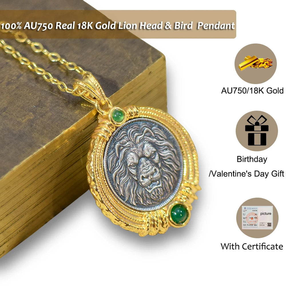 18K Gold Necklace Ancient Coin Pendant Round Lion Head & Bird AU750 Yellow Gold Pendant Women's Fine Jewelry
