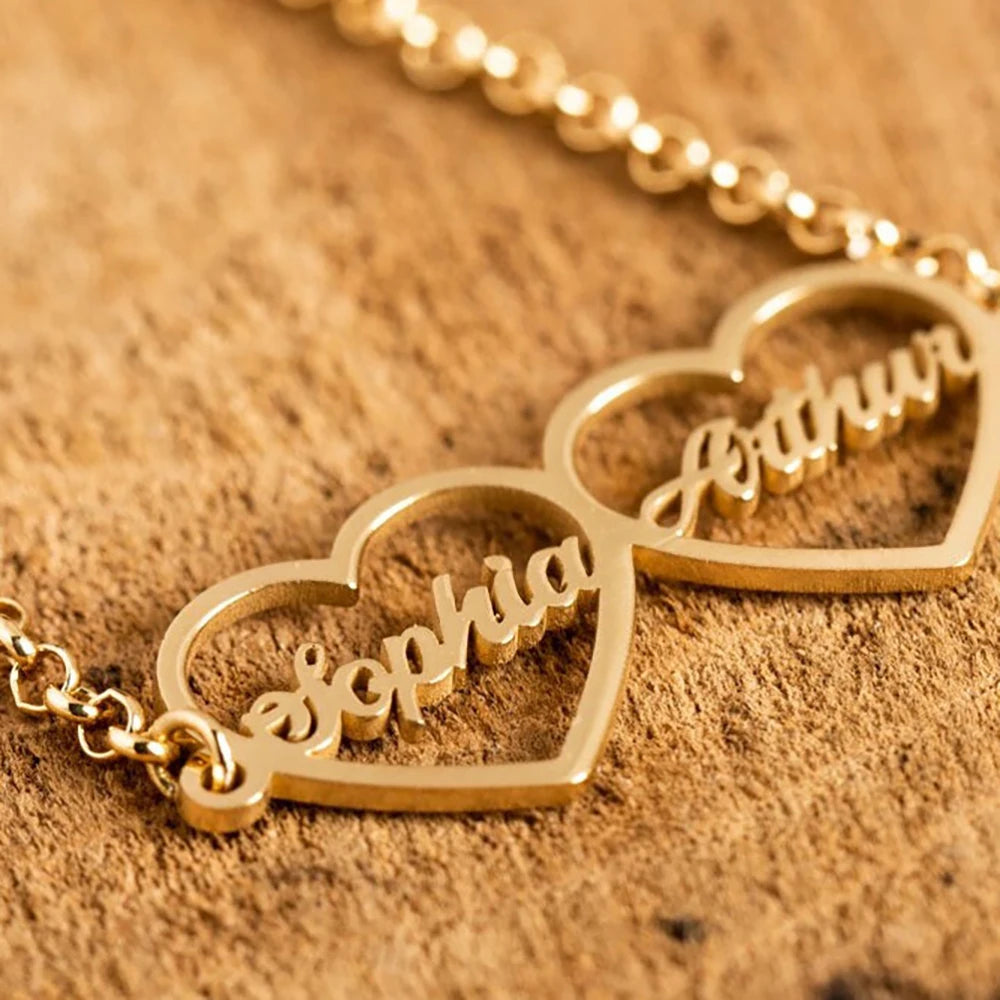Customized  Double Name  Heart Bracelet Handmade Jewelry Stainless Steel Nameplate Bracelets Femme Personalized Gifts for Women