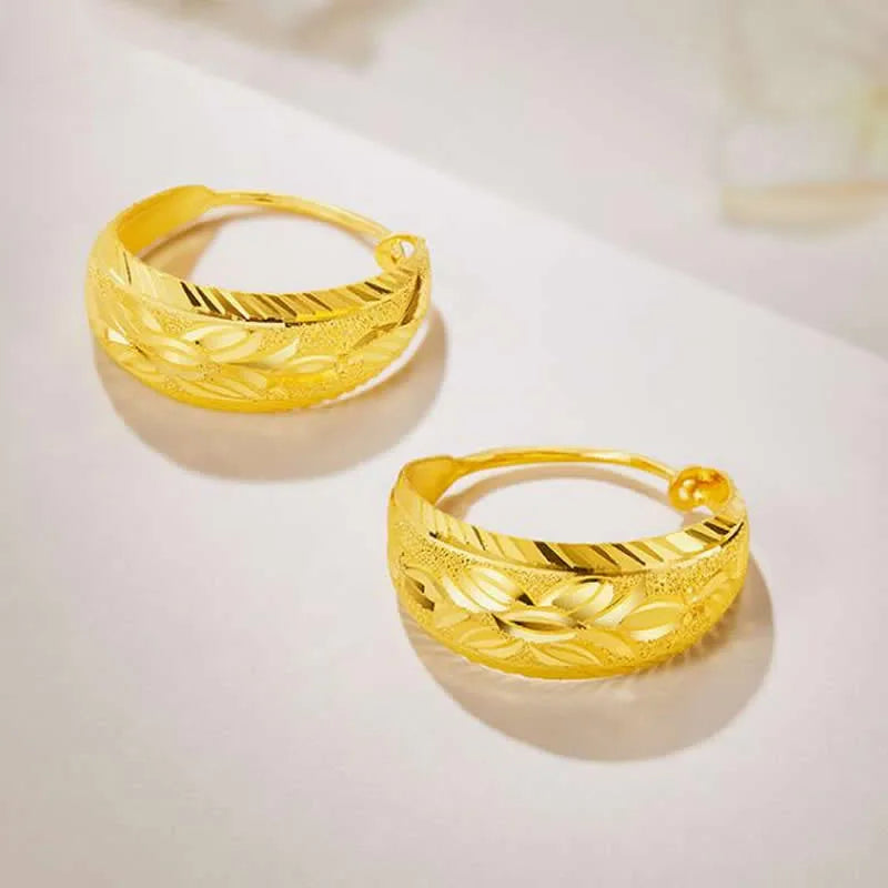 Pure 24K Yellow Gold Women Leaf Hoop Earrings