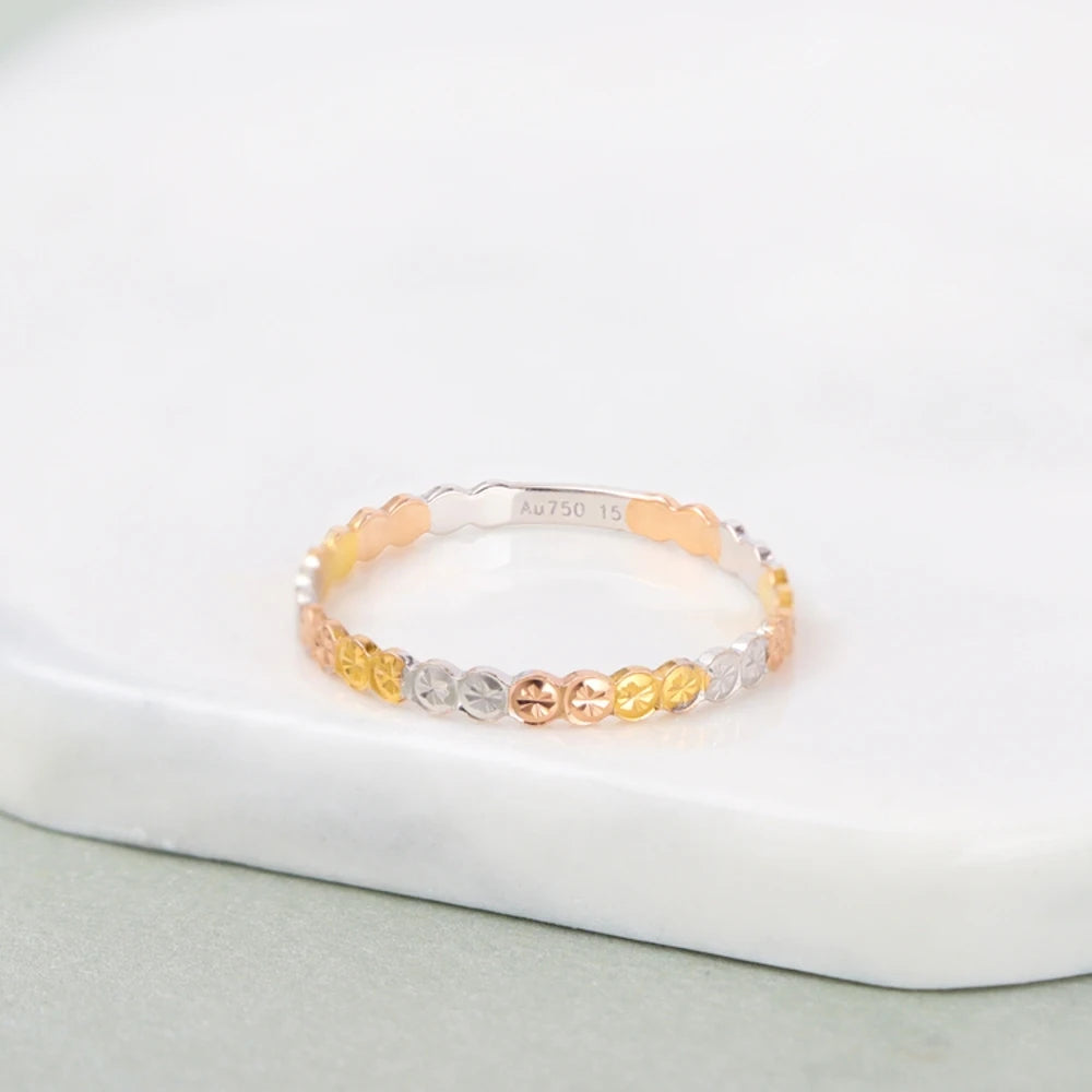 Au750 Real Pure 18K Multi-Tone Gold Band Shiny Round Carved Full Star Ring Women Lucky Gift 1-1.1g