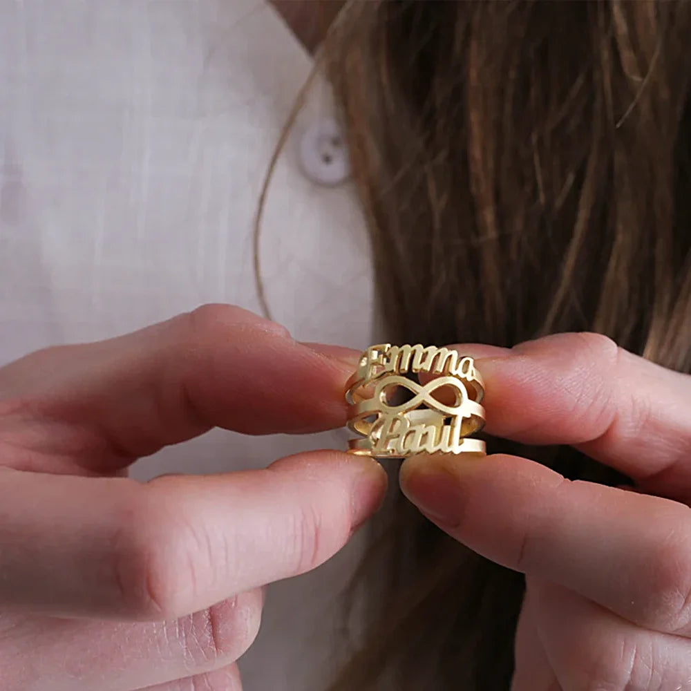 Bague personnalisée avec symbole de l'infini et double nom pour femme, anneau personnalisé en acier inoxydable, cadeau d'anniversaire de mariage