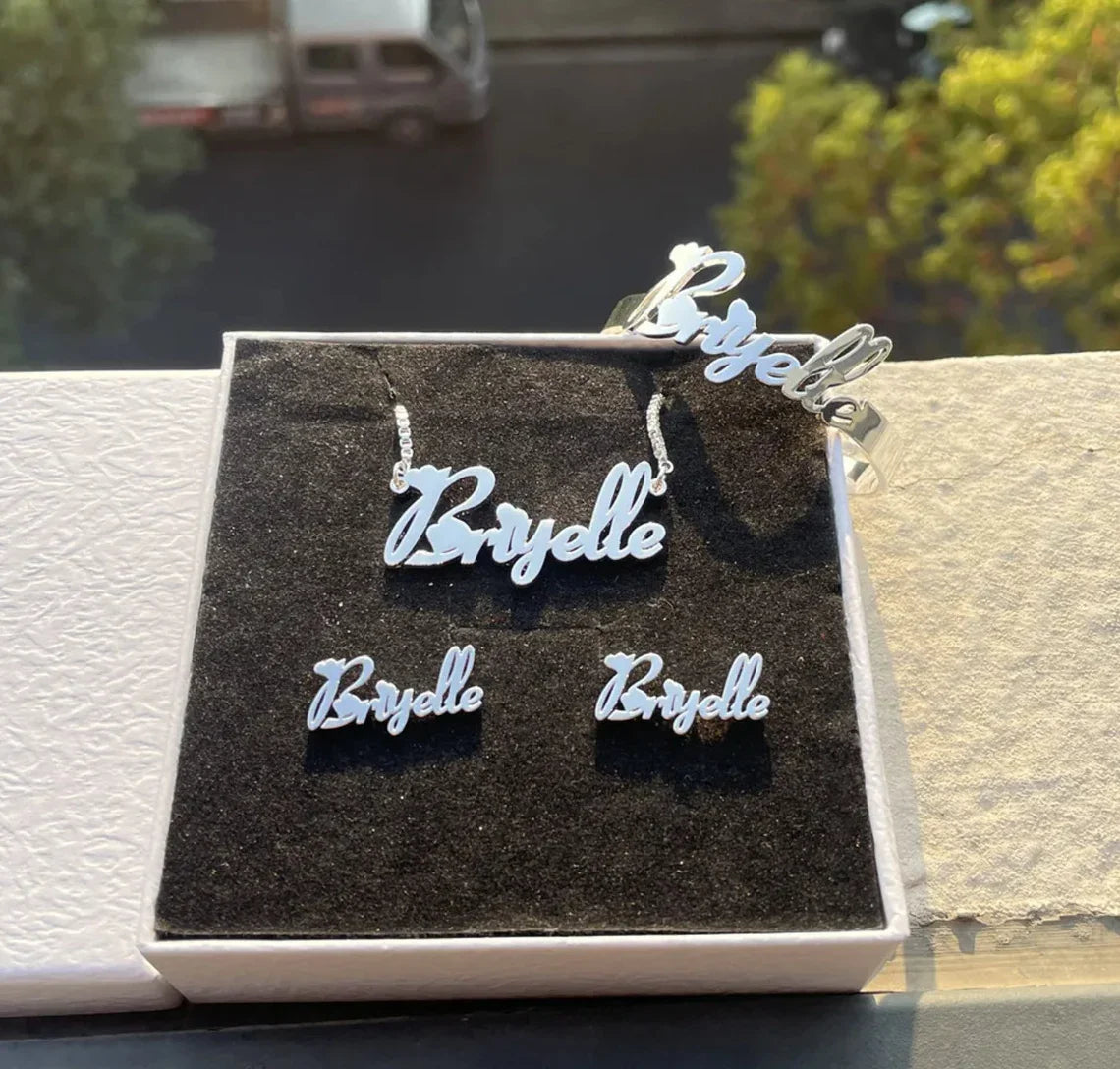 Custom Name Jewelry Set Stainless Steel Name Necklace Bracelet Earrings Bangles Rings Women Accessories Set