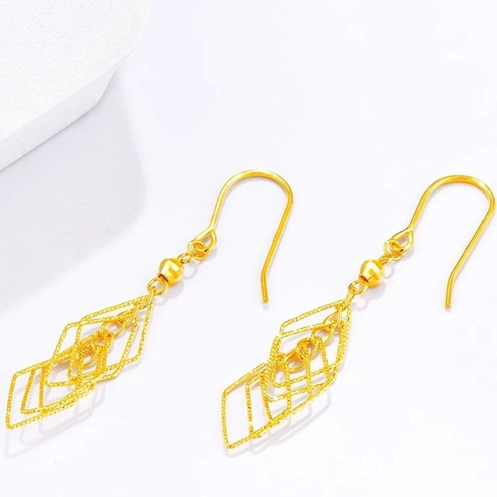 Real Pure 999 24k Yellow Gold Dangle Women Lucky Bead Hollow Rhombus Tassel Earrings 2.1g
