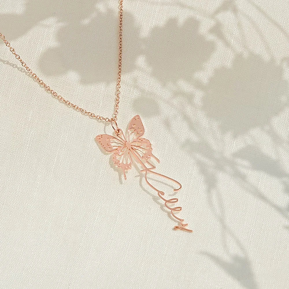 Custom Butterfly with Name Stainless Steel Necklace Personality Vertical Pendant Women Necklace Jewelry Fine Gift for Girlfriend
