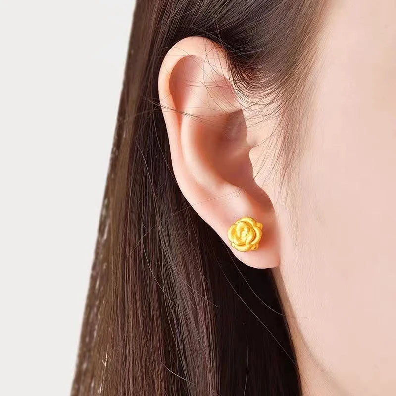Pure 24K Yellow Gold Earrings Stud For Women Beauty Rose Flower Earrings 9mm Size