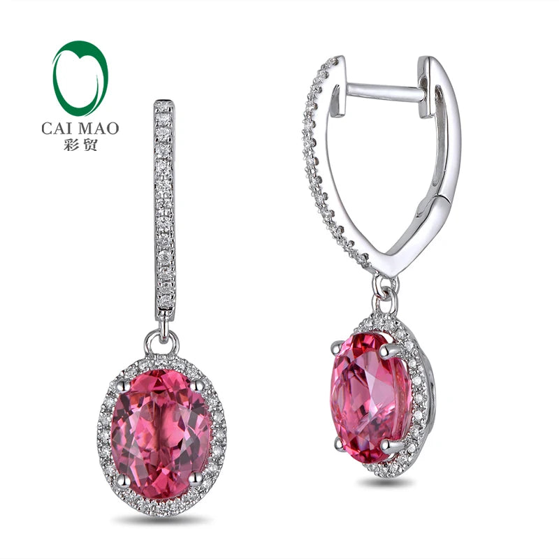 Jewelry 18KT White Gold 6x8mm Oval Cut 2.16ct Pink Tourmaline & 0.30ct  Diamond Engagement Earrings